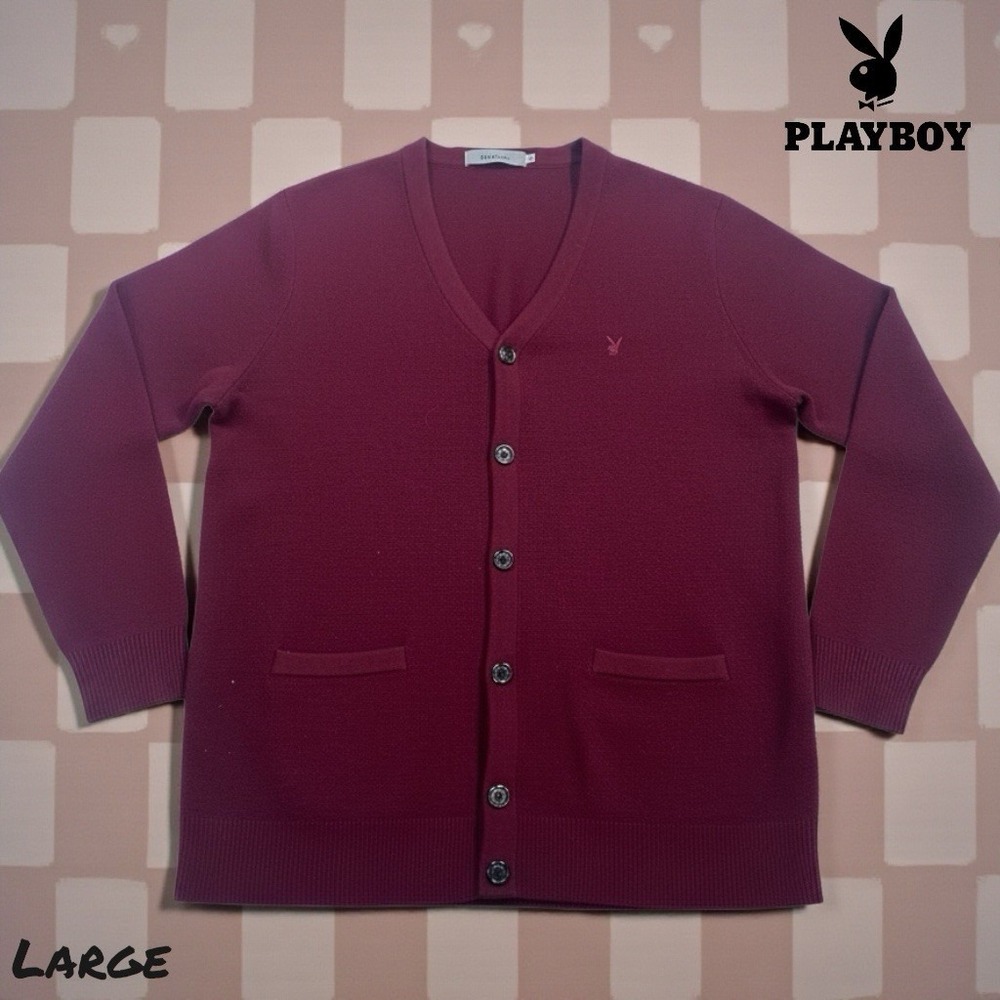 Playboy 100% Wool Cardigan Sweater Burgundy Mens Large EU 52 Buttons Embroidered